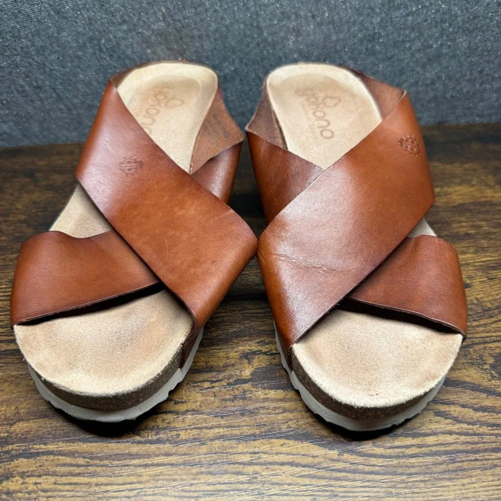Yokono Brown Leather Wedge Sandals Size 8 Made in Spain Criss Cross Slide Mule